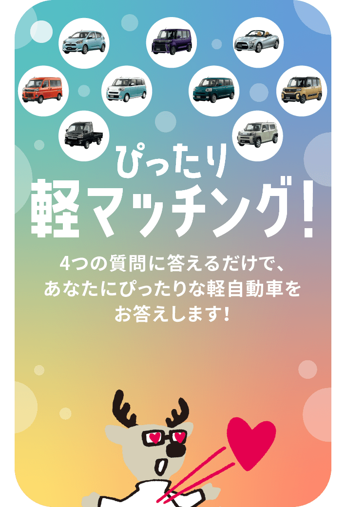 4つの質問に答えるだけで、あなたにぴったりな軽自動車をお答えします！ ぴったり軽マッチング！